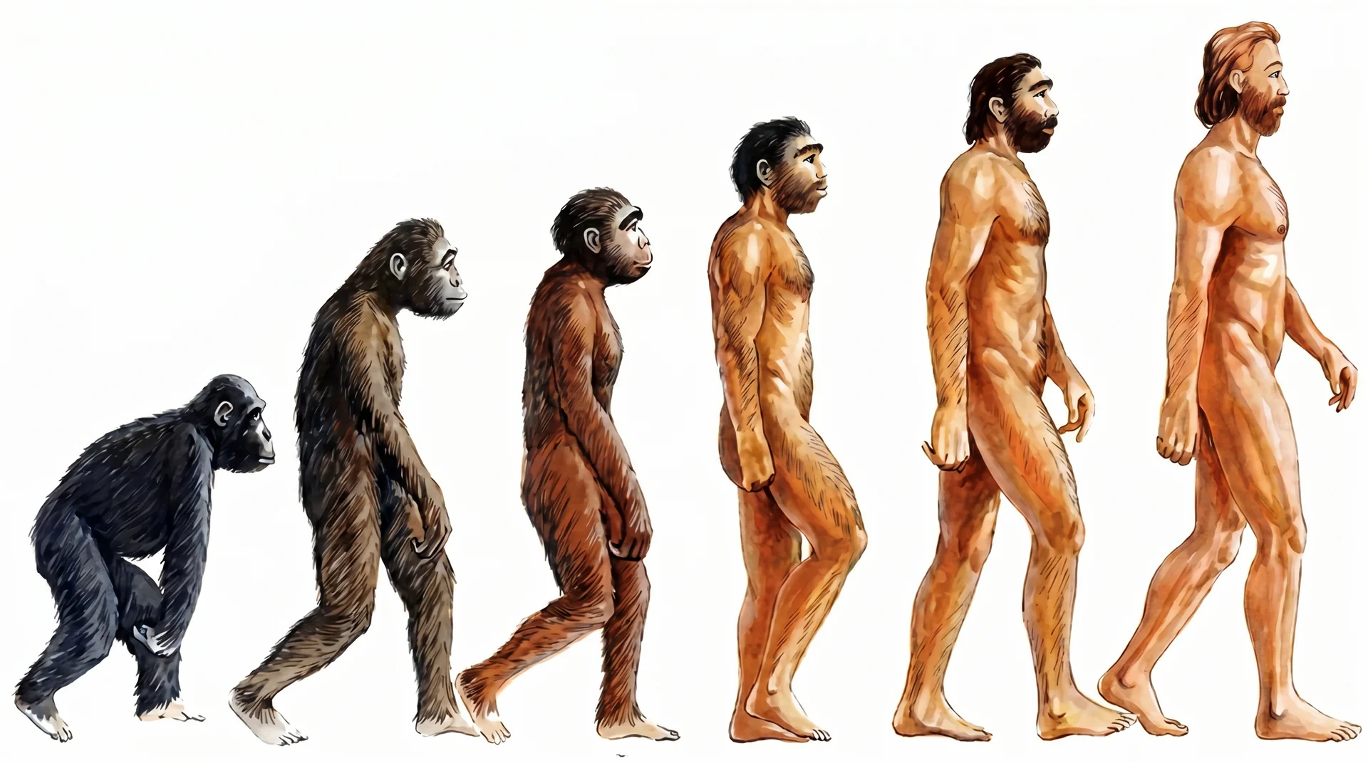 The march of progress: a knuckle-walking ape gradually evolving into an upright, striding human.